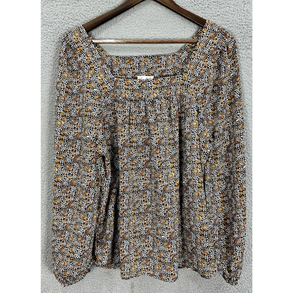 Wonderly Top Womens Large Brown Floral Long Sleeve Square Neck Dark Feminine